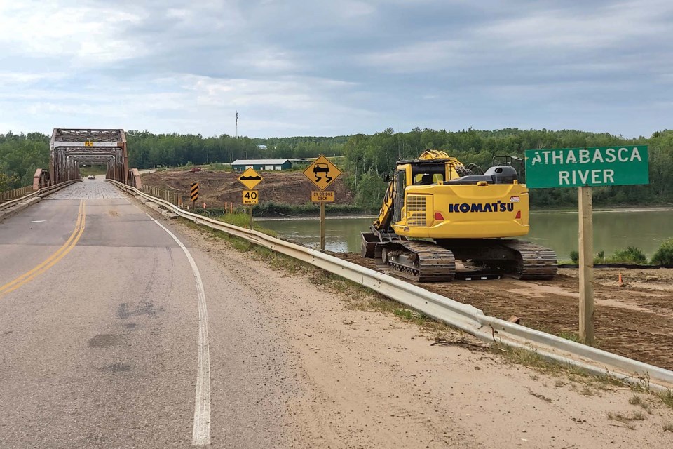 A view looking west over the future site of the new bridge over the Athabasca River that will be completed in 2026. Alberta Transportation filed orders to fix maximum speed limits and a notification of highway and bridge construction operations last week.  