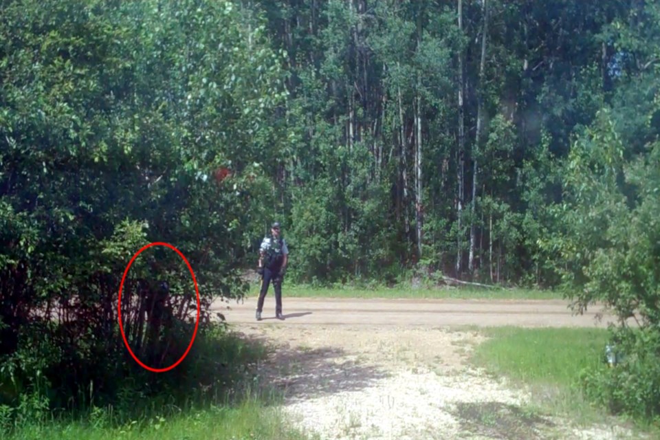 In a screenshot of video taken by Mystic Meadows Estates resident Ricky Nault July 5, 2019, then Athabasca RCMP Const. Josh Vincent (circled in red) and Const. Mitchell Northey are “seen acting in a manner contrary to their training” and violated Nault’s rights the Civilian Review and Complaints Commission for the RCMP found in a Nov. 9 ruling.