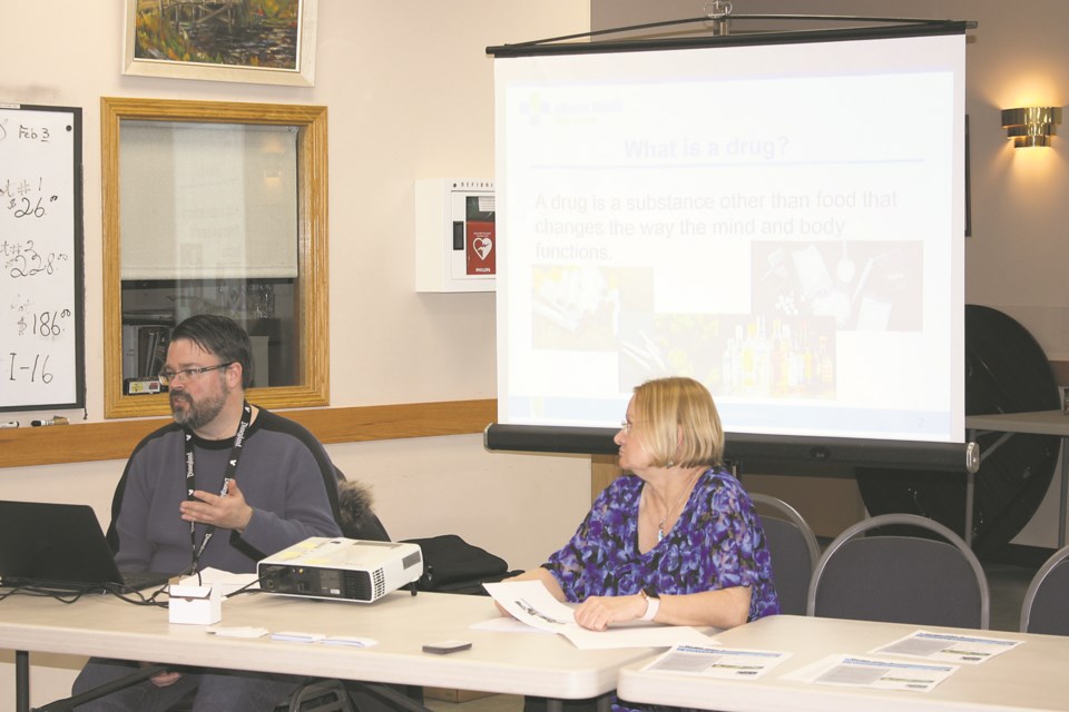 Paul Deveau and Debbie Hammond with Alberta Health Services Addiction Services in Athabasca spoke about what causes addiction, what addiction looks like and how to access addiction services at a Citizens on Patrol meeting Feb. 11 at the Athabasca Senior’s Drop-in Centre.
Heather Stocking/AA