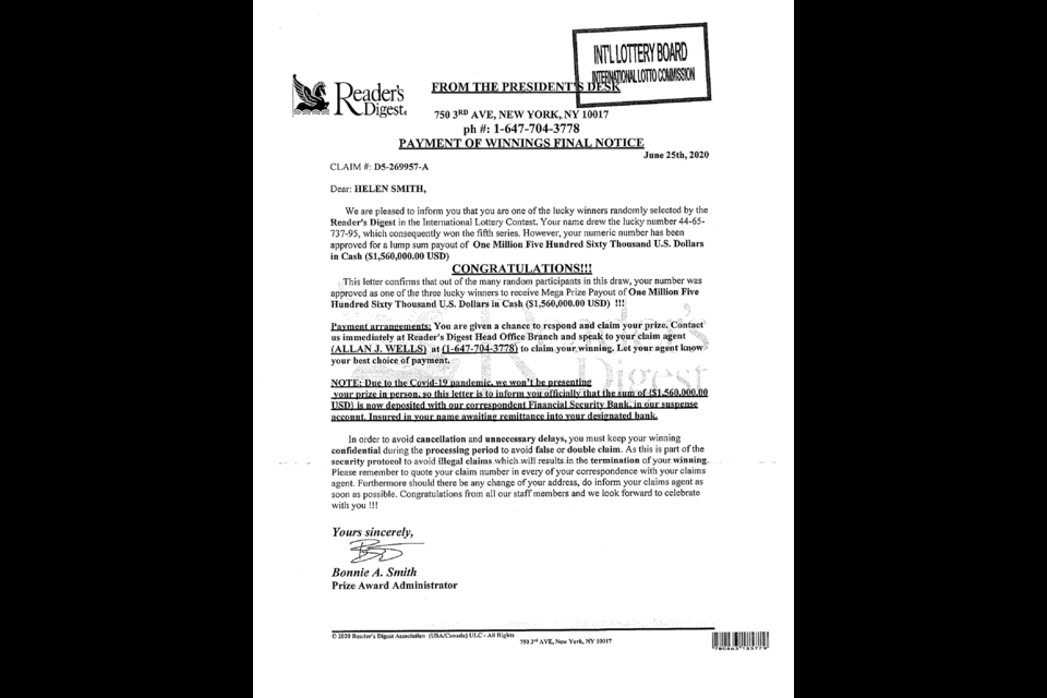 Athabasca resident Helen Smith quickly deduced a letter claiming she had won a tidy sum from Reader's Digest was a fake and wants to warn others.
Supplied