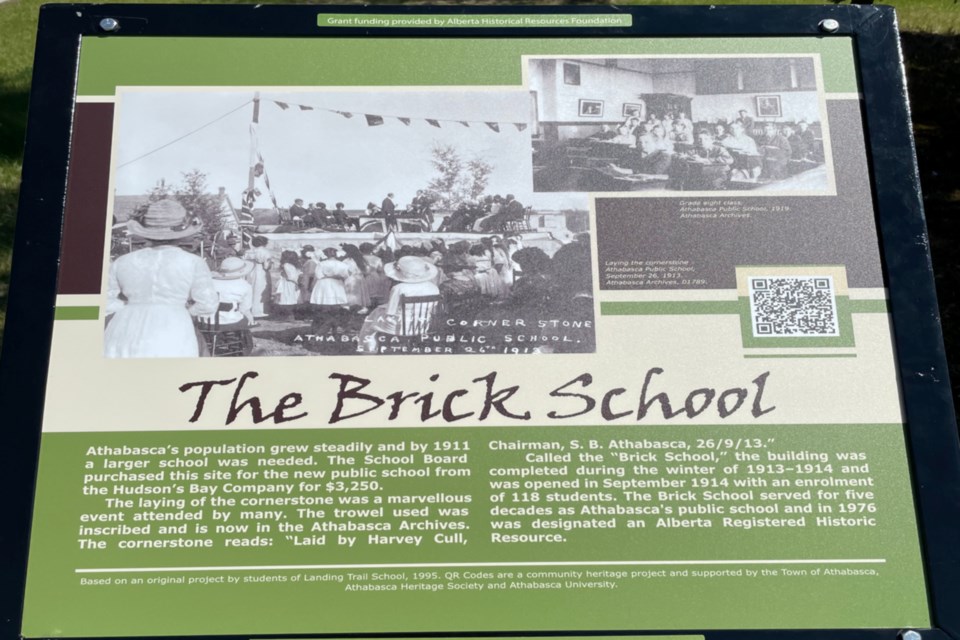 A closeup of the new Brick School sign installed May 21 by the Athabasca Heritage Society. The new signs are printed on a thin metal and designed to last in the elements longer than the previous signs.