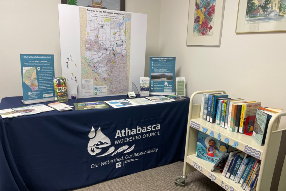 After receiving a grant from the TD Friends of the Environment Foundation, the Athabasca Watershed Council developed a traveling display including an interactive map showing the entire watershed and encouraging people to place a marker on their favourite spot. The display is up in the Alice B. Donahue Library and Archives lobby and will be up for a couple more weeks before being sent to another library along the watershed.