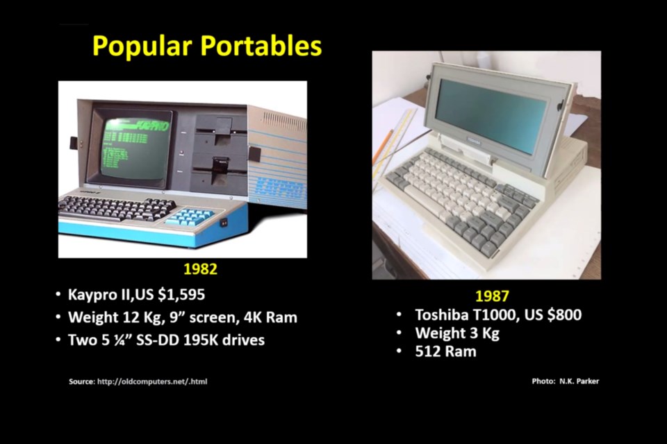 On the left is innovative computer technology for 1982. On the right is Nancy Parker’s innovative Toshiba T1000 from 1987. While both computers were considered portable, the Toshiba was much more so.