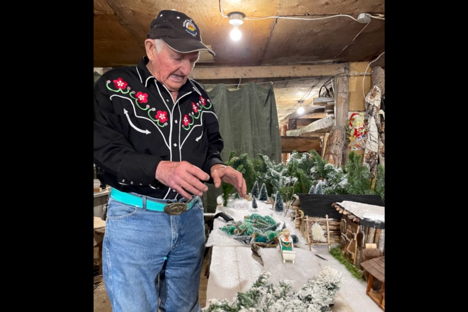 Louis Baron, 91, has been creating a world for the last 12 years in his barn and filling up a sea can with a timeline from before settlers arrived to a bustling town. This winter scene is a work in progress and will be added to the main diorama when it’s completed.
