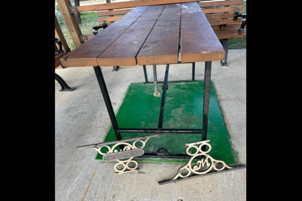 Three out of four of these cast bronze brackets were recovered after they were torn off the tables. They were custom made and can't be replaced. The vandalism took place over the September long-weekend and is just more damage the Athabasca Lions Club must pay for.