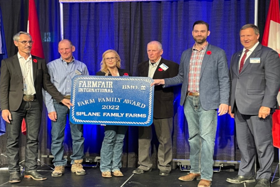 The Splane family from Boyle were one of 15 families presented with a Farm Family award for 2022 at Farmfair International held in Edmonton Nov. 9-13. The prize, sponsored by BMO and Explore Edmonton, is awarded to farming families who have existed for at least 50 years and meet strict criteria. (L-R) Arlindo Gomes of Explore Edmonton, Fred Splane, Athabasca County Coun. Ashtin Anderson, Ellwood Splane, Dennis O’Dwyer of BMO, and Athabasca-Barrhead-Westlock MLA Glenn van Dijken.