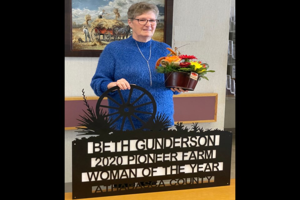 Beth Gunderson of Colinton was finally presented with the 2020 Pioneer Farm Woman of the Year award by the Ag Services board chair Athabasca County Coun. Camille Wallach at a Mar. 8 event during the council meeting. The Farm Women’s Conference, where the awards are normally presented has been postponed the last two years due to COVID-19.