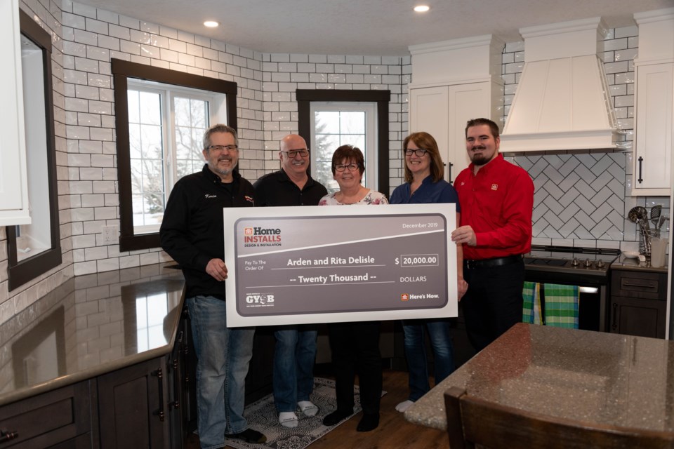 Village of Boyle residents Arden and Rita Delisle won Home Hardware’s 2019 Home Installs GY$B Contest, which saw them receive $20,000 that went toward their recent renovations.
In the Delisle’s kitchen are, L-R, Kevin Clow, installs coordinator with Athabasca Home Hardware, Arden and Rita Delisle, Carol Alberts, Athabasca Home Hardware owner and Zak Carlisle, Athabasca Home Hardware store manager.
Supplied