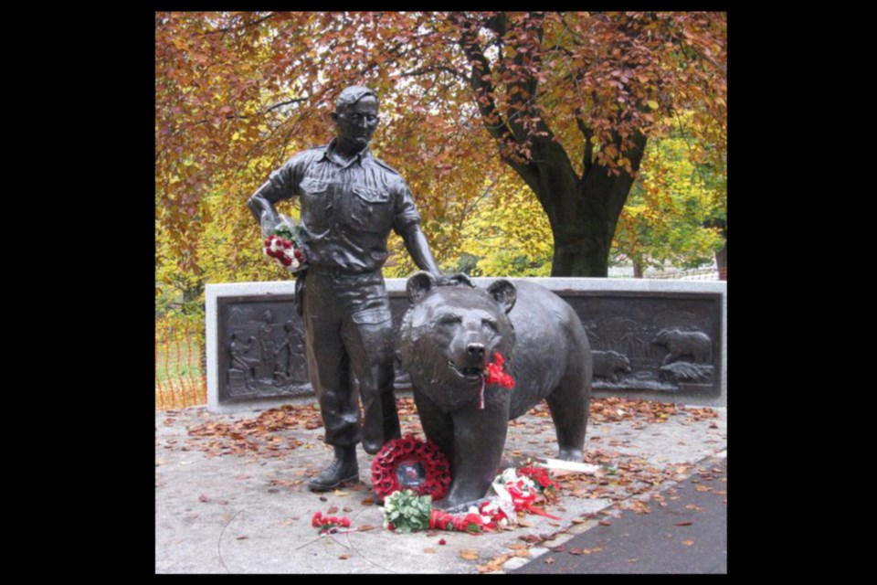 It’s a complicated multi-national story of Wojtek the bear who has a memorial statue in Edinburgh, Scotland. The Syrian brown bear was adopted by members of the Polish 2nd Corp in Iran and wound up serving in World War II moving crates of ammunition. After the war many Polish soldiers refused to return to Poland and settled in Scotland which is how he came to have a memorial statue placed there. 