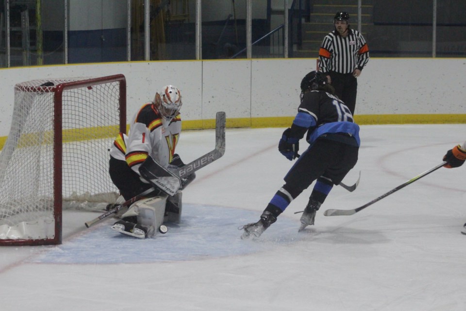 Barrhead Bomber Austin Galway with a chance in the third period. Unfortunately, for Galway and the Bombers, Vegreville goaltender Bence Pal was up to the challenge.