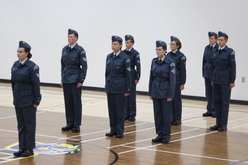 The members of the Barrhead #526 Royal Canadian Air Cadet Squadron (RCACS) line up in rows following a parade into the Barrhead Composite High School gymnasium as part of their Ceremonial Review hosted on June 14. Notably, this was the squadron’s first in-person review in three years. 