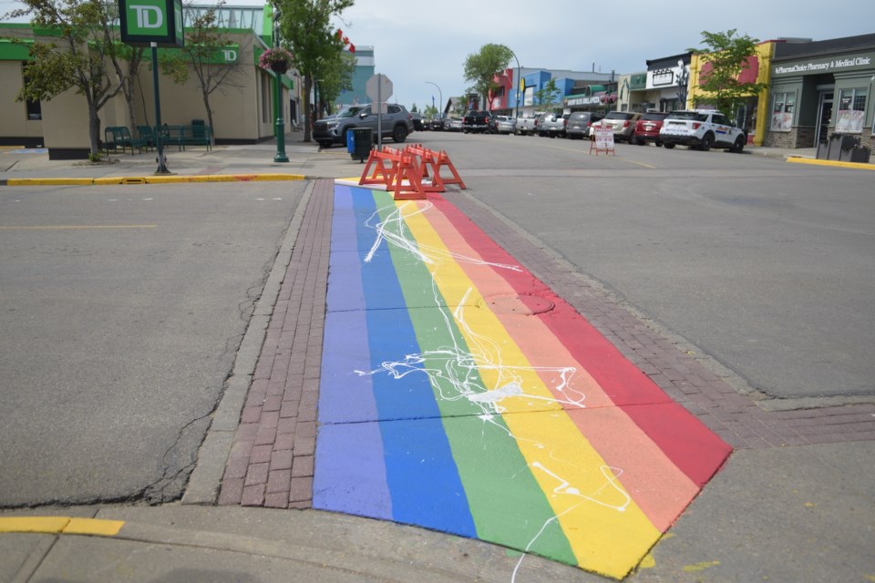 Barrhead's Pride rainbow on Main Street at the four-way stop sign at the 51st Avenue intersection between Tim Hortons and Canada Trust was the victim of vandalism sometime in the early hours of June 14.