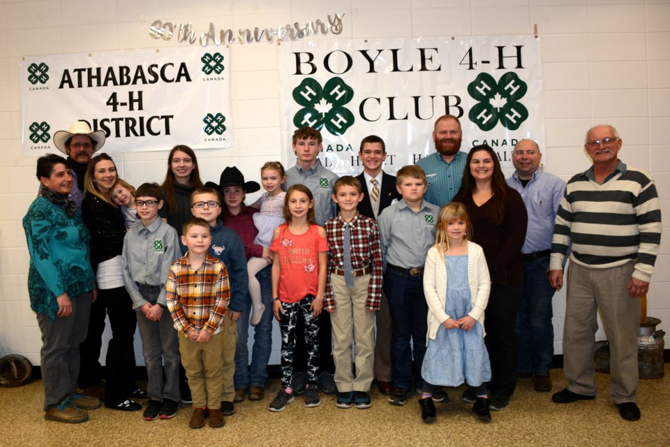 The current Boyle 4-H Club members and leaders, back row, L-R: Assistant leaders Virginia Wasieckzo and Devin Attfield, general leader Robyn Jackson (holding Novah Jackson), secretary Ryleigh Turner, Jaci Attfield, Lenoxx Jackson, treasurer Remington Turner, Dean Splane, president David Splane and assistant leaders Bobby Kowalchuk and Les Botten. Middle row: Rexson Turner, vice-president and club reporter Hayden Kowalchuk, Raizalyn Turner, Tyson Splane, Mark Splane and Stephanie Splane. Front row: Ethan Kowalchuk and Lillian Splane.