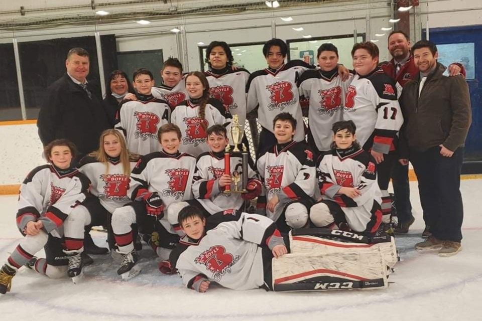 The Boyle Blazers U15 team hosted a four-team tournament over the weekend with games at the Multiplex in Athabasca and at the Plamondon Arena, taking the gold medal against Lloydminster on Sunday afternoon in a 6-4 nail-biter. 