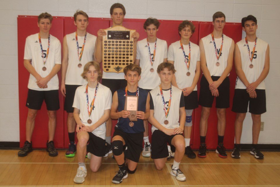 The Barrhead Gryphons senior boys volleyball team gather together for a team picture after winning the bronze medal match against Camrose on Saturday afternoon.