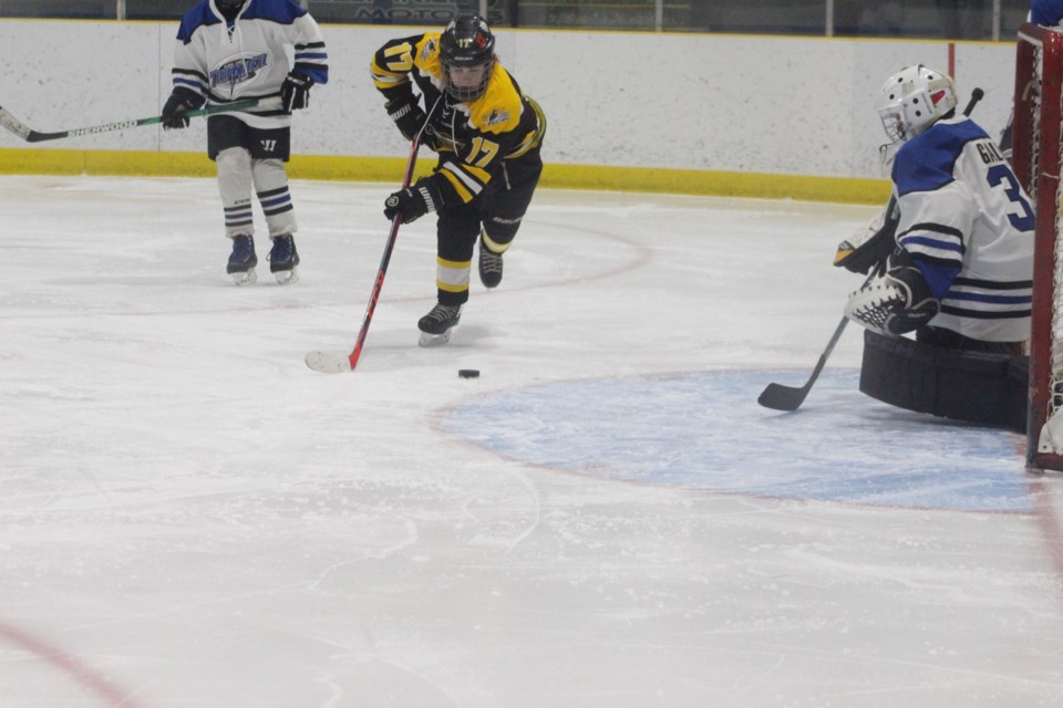 Barrhead player Braxton McLean with a chance on the Slave Lake net on Feb. 24.