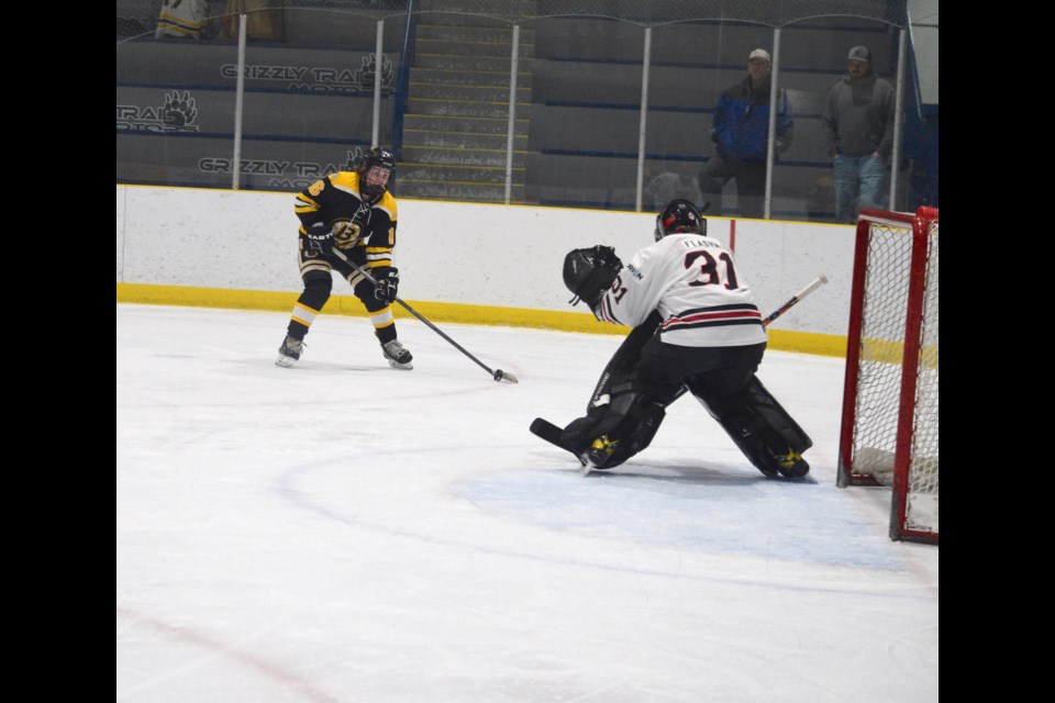 Barrhead Pirate Brock Beauliua getting ready to take a shot against the Whitecourt goaltender late in the first period in the NAI U15 championship game.