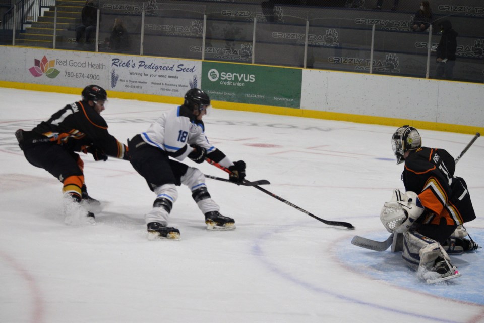 Brendan Bujold, one of three Barrhead-natives on the Bombers, had multiple breakaways or partial breakaways during the Oct. 29 game against the Hinton Timberwolves.