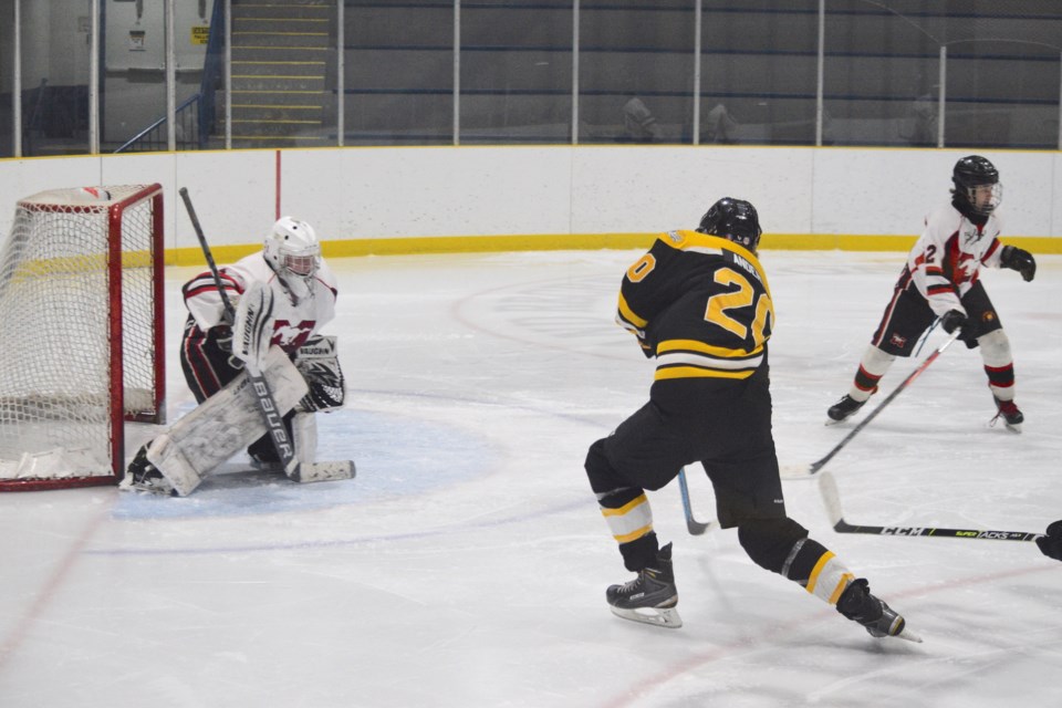 Steeler Carsen Anderson milliseconds before he scores Barrhead's third goal, tying the game seven minutes into the third period, beating Mayerthorpe goaltender Jaxon Moon. Unfortunately for the Steelers, Mayerthorpe would get the winning goal less than a minute later.