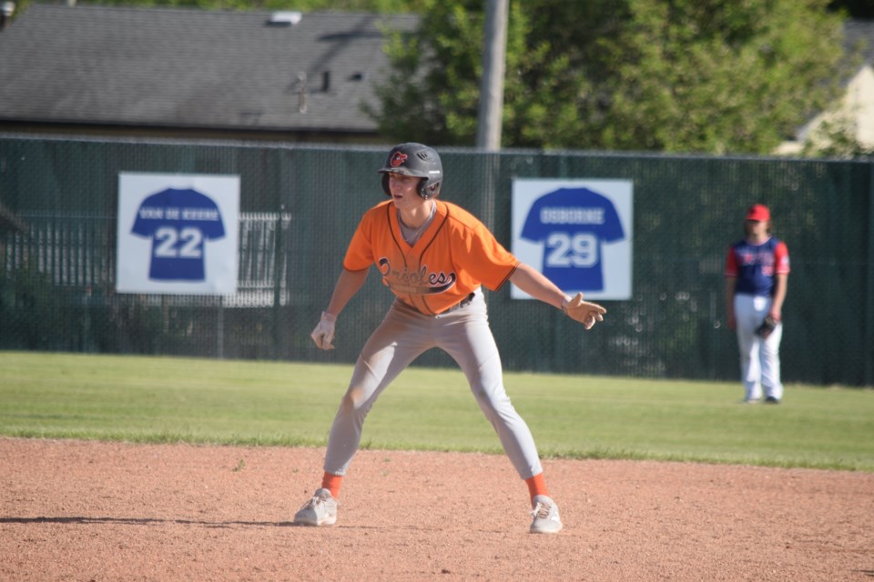 Barrhead Orioles centre fielder Carter Rozsko at second base. 
