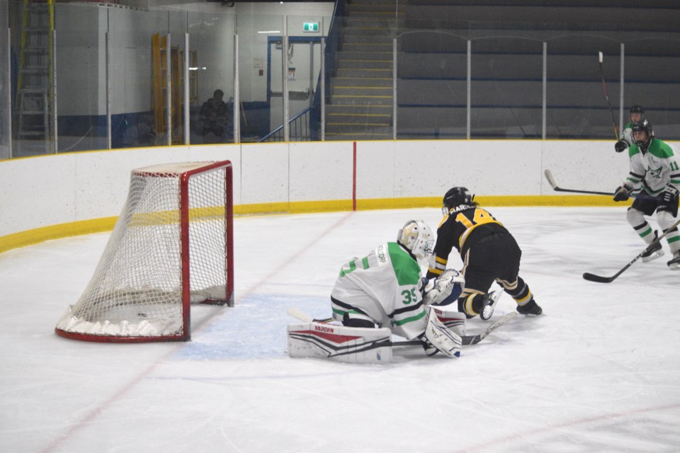 Cesar Marquez of the Barrhead Steelers scoring in the third period of the deciding game for the NAI U18 Tier 2 championship on March 11 against Drayton Valley.
Barry Kerton/BL