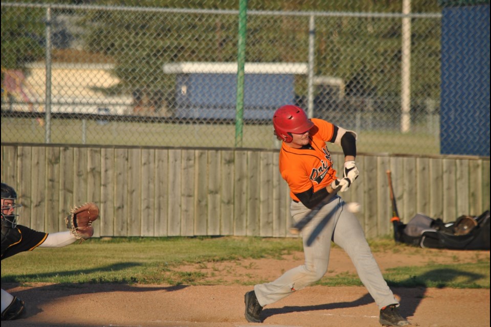 Barrhead's Chase Visser with a hit in the fourth inning. Unfortunately, the home team was unable to capitalize on the situation, leaving him stranded.