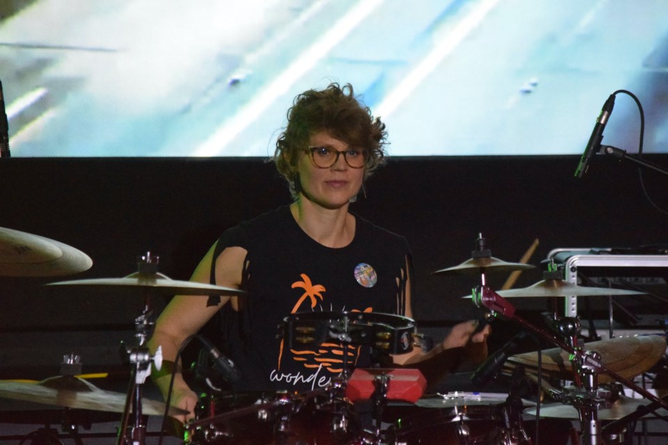 A family affair, Chelsey Wiesinger playing drums at a launch party at the Roxy Theatre on Nov. 26for Justin Wiesinger's newest album, Stuck In Your Head.