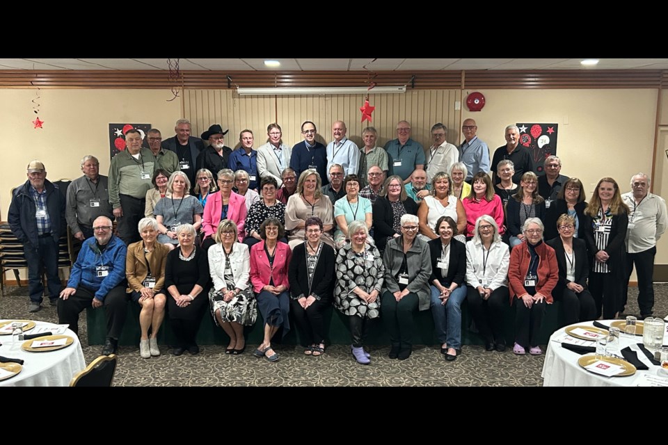 Westlock High School’s Class of 1974 hosted their 50th anniversary reunion at the Westlock Inn on May 4. Though the original graduating class consisted of about 150 students, a total of 51 graduates were on hand for the reunion. After a group photo, the event consisted of a dinner, a slideshow presentation and some music/mingling to close out the evening.
KEVIN BERGER/WN