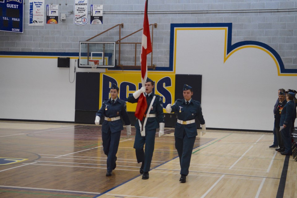 It was a memorable evening for the friends, family and members of the Barrhead Air Cadet Squadron 526. On June 11, in the Barrhead Composite High School (BCHS) East gymnasium, 21 squadron members participated in the 73rd annual ceremonial review.From left to right: Colour guard FSgt Lucy Jensen, FSgt Leo Schmaus and FSgt Brooklyn Frizzell.