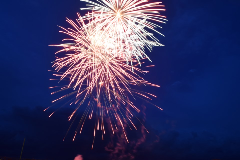 One of the final fireworks explosions in a 15-minute show overseen by the Barrhead Regional Fire Services.