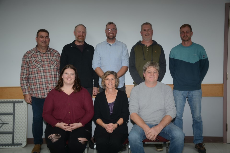 The Westlock Seed Cleaning Co-op Ltd. current board of directors gathers together for a group photo at the AGM on Nov. 6. Back Row (left to Right) – John Guelly, Ryan Kubinec, Theo Jonk, Steve Meinczinger, and Carl Von Rennenkampf. Front Row (L to R) – Kassidy Derewianko, Office Administrator Jackie Huppertz, and Manager Wayne Walker. Missing is Chairman Colin Felstad.