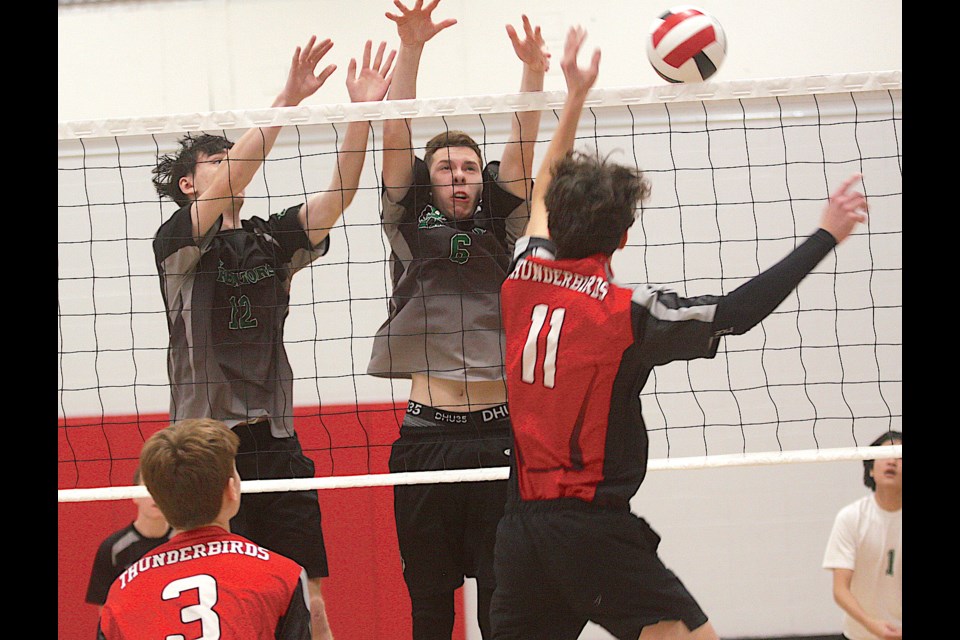 Edwin Parr Composite Predators Carter Lantz (left) and Keil Morrison (right) put up a big block against the host R.F. Staples team in Westlock Nov. 18 at the North Central 3A Zone Volleyball Championships. The boys went on to finish fourth at zones after a tight loss to the eventual provincial champs from Barrhead Composite in the semifinals. 