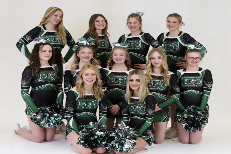 Edwin Parr Composite cheerleading teams, both junior and senior high, are off to Edmonton April 8-9 for their respective provincial championship competitions. Pictured is the senior high team. BACK, L-R: Emma Jackson, Kaylee Damour, Ladelle MacNeil and Jordynne MacNeil. MIDDLE: Macy McGregor, Brenna Karczmarczyk, Quinn Dubie, Akayla Miller and Addyson Kocher. FRONT, L-R: Jayde Semashkewich and Brooklyn Wenzel. Wanda and Bryce Semashkewich coach both teams but are not pictured. 