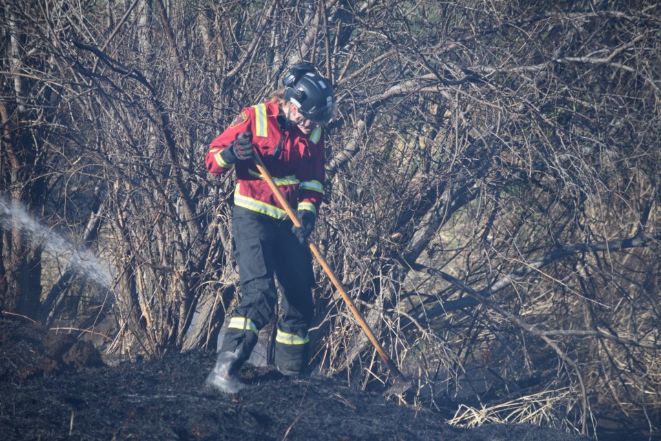 A Barrhead Regional Fire Services firefighter checks out the tree line for potential embers.