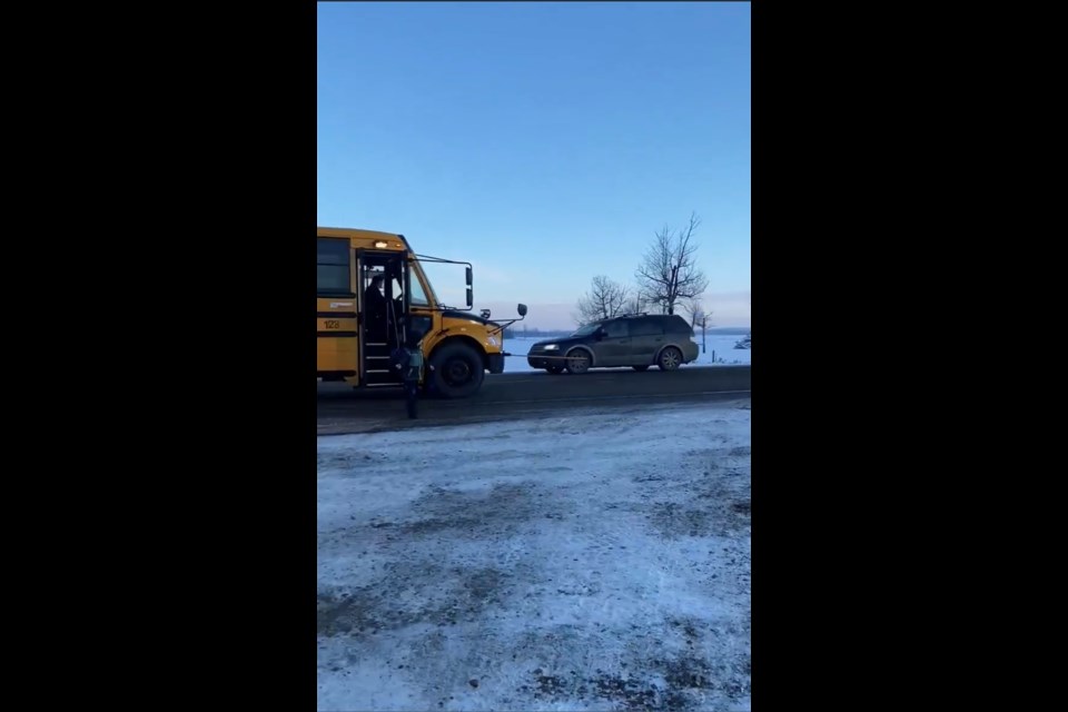 School bus fly-bys was one of the topics discussed during a virtual town hall hosted by the Barrhead RCMP Detachment. Hielke Vandermeulen took this picture of a school bus fly-by on Highway 33 a few minutes south of the Town of Barrhead in early January.
