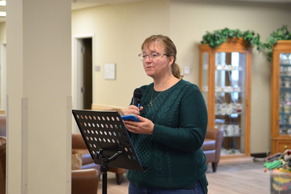 Barrhead OCC representative Gail Verheul at Hill Crest Lodge on Nov. 13 told a group of knitters, crocheters and sewers how much their handmade items meant to the children who receive them.
