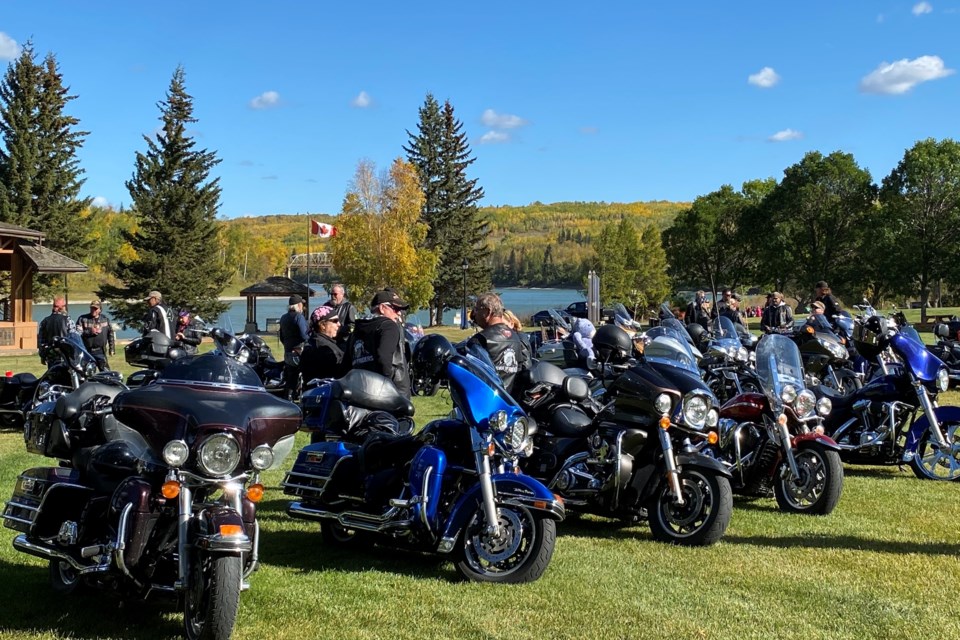 Riverfront Park came alive with the sounds of revving bike engines and extreme generousity as Athabasca’s Hawg Flatts Motorcycle Association members kicked off their 32nd annual toy run Sept. 24 with a show and shine. The always successful event sees the group, in conjunction with Santa’s Anonymous, collect unwrapped toys, and funds, for local kids to enjoy the coming season to the fullest. New unwrapped gifts can still be donated to the designated Santa’s Anonymous boxes located at Red Apple and the Burger Bar.