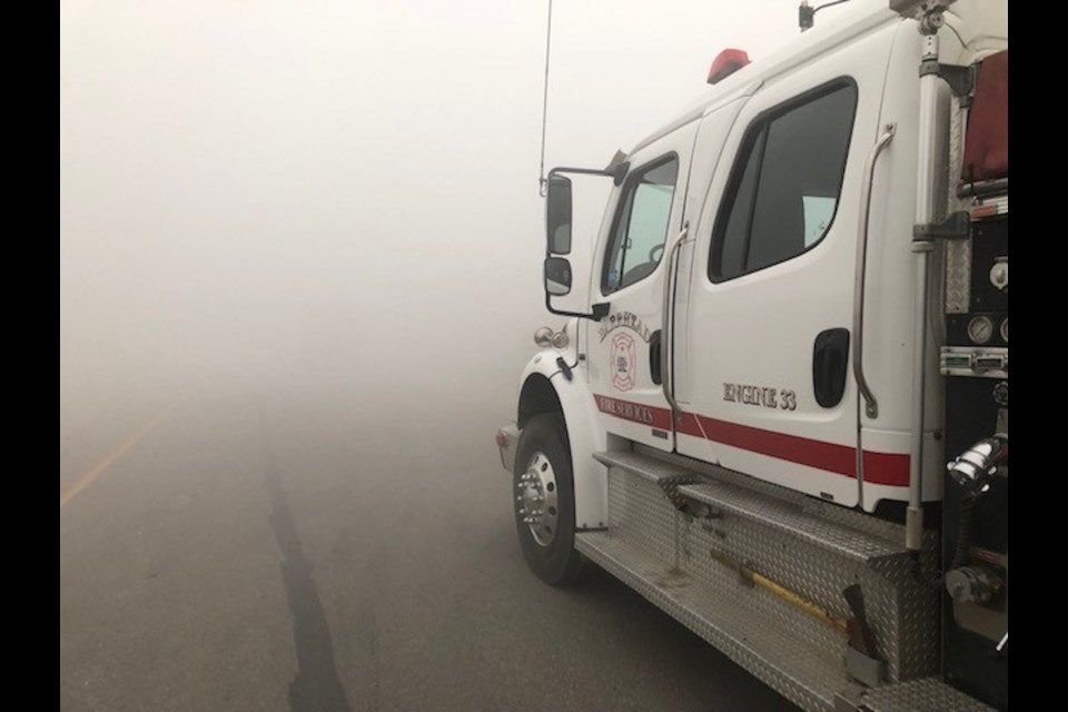 The Barrhead contingent making their way from Yellowknife to Hay River in heavy smoke.