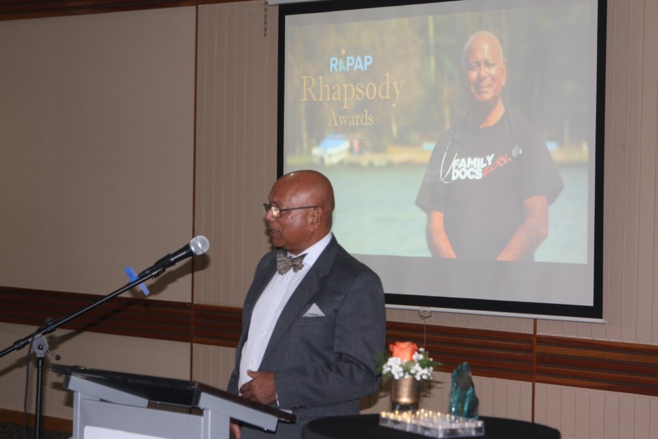 Dr. Noel DaCunha delivers additional remarks upon receiving the 2023 Rhapsody Physician of the Year Award during an Oct. 6 ceremony at the Westlock Inn. He noted that after living on four different continents, rural Alberta was the best place to raise a family and practice medicine. 