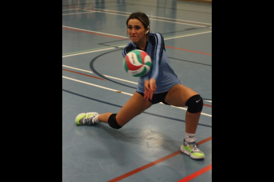 St. Mary Sharks senior girls’ volleyball player Emma Bourque bumps the ball while playing New Sarepta at the Westlock Rotary Spirit Centre Oct. 20. This was one of the round robin games in the Joe Nestorovich Memorial Tournament on Friday and Saturday, in which the St. Mary senior boys took gold while the girls finished with bronze.