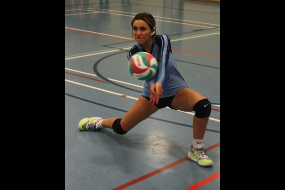 St. Mary Sharks senior girls’ volleyball player Emma Bourque bumps the ball while playing New Sarepta at the Westlock Rotary Spirit Centre Oct. 20. This was one of the round robin games in the Joe Nestorovich Memorial Tournament on Friday and Saturday, in which the St. Mary senior boys took gold while the girls finished with bronze.