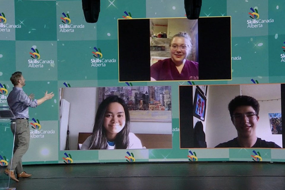 Barrhead Composite High School student Jayleana Baron (at top right) accepts her gold medal in the Workplace Safety category during the virtual ceremony that was held in mid-May to announce the winners of the provincial Skills Canada competition for Alberta. This was Jayleana’s second consecutive gold medal in this category. Only one other student from Barrhead Composite, Avery Strydhorst, netted a medal at the competition, winning bronze in the Automotive Technology category.