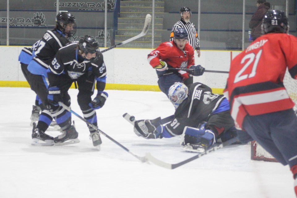 Westlock’s John Zeise makes a stop for Barrhead in the first period in a Jan. 6 home game against the Cold Lake.