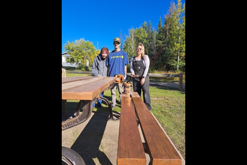 Members of the Athabasca Lions Club were hard at work Sept. 24, spending the day providing some timely upgrades and seasonal maintenance at the treasured Lions Centennial Park, overlooking Athabasca from the north side of the river. The group took the time to sand and stain tables and benches, trimmed weeds and drained the water tank for the season. Pictured, Debbie Doole, Richard Thompson and April Thompson strike a pose after applying fresh stain to the picnic tables. 

 

