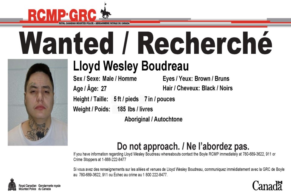 Lloyd Boudreau, 27, remains at large following an alleged kidnapping at Buffalo Lake Métis Settlement July 13. RCMP warn the public not to approach him but to contact Boyle RCMP at 780-689-3622 or Crime Stoppers at 1-800-222-8477 (TIPS).