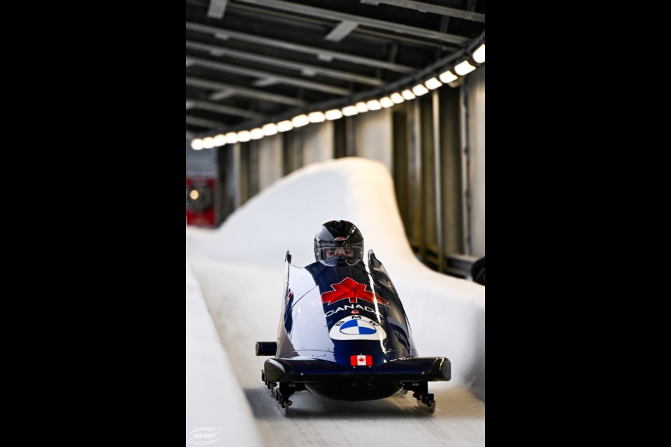 Melissa Lotholz crosses the line after a monobob run at the Bobsleigh World Championships in Winterberg, Germany.