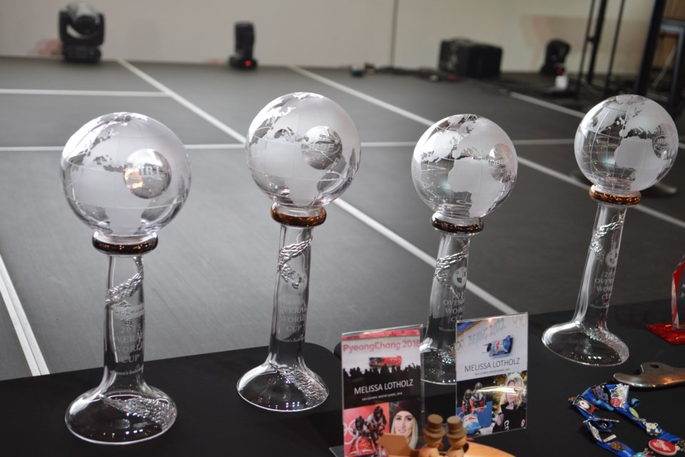 Some of Melissa Lotholz trophies earned while on the World Cub Bobsleigh circuit.