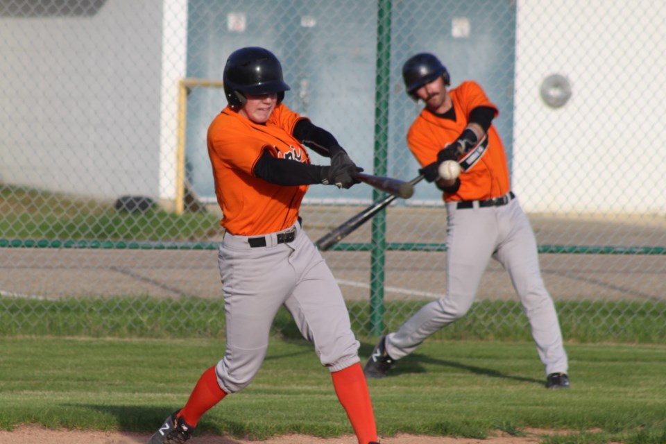 Jaime Visser hits a ground ball that sent him to first base. He ended up later scoring Barrhead’s first run of the May 24 match with Westlock. 