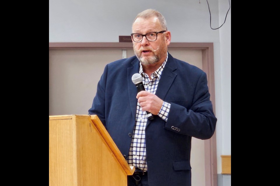 Town of Westlock mayor Ralph Leriger speaks at the Mayor's Breakfast hosted at the Westlock Memorial Hall on Oct. 24. The event, which was put on by the Westlock & District Chamber of Commerce and the town, also featured presentations by Danielle Pougher, manager of planning services for the Town of Westlock, and Carol Webster of Business Link.

Kristine Jean/WN