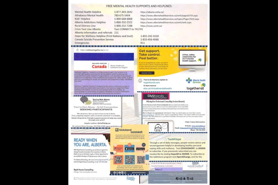 Athabasca FCSS manager Debbie Wood brought a whole page of numbers and resources
available to those seeking help with their mental health. Many virtual services have also
popped up during the COVID-19 pandemic.